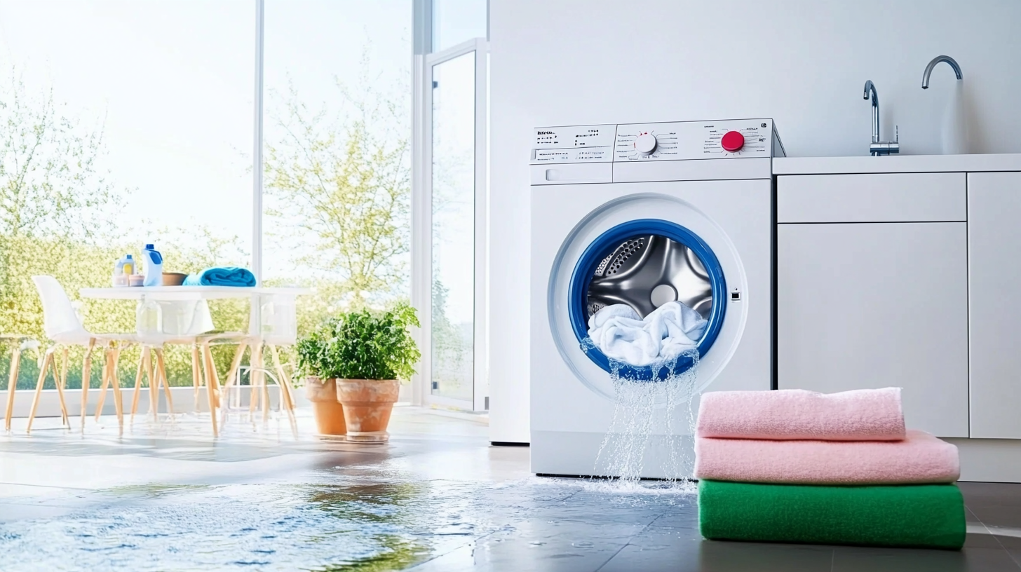 청결하고 밝은 세탁실에서 강력한 세탁 사이클을 수행하는 혁신적인 세탁기의 모습