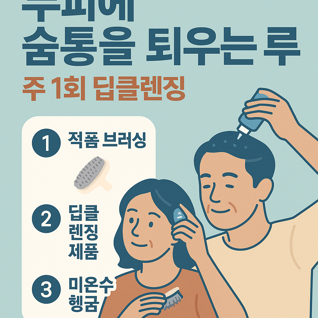 주 1회 두피 딥클렌징 루틴을 단계별로 안내하는 인포그래픽 스타일의 디지털 일러스트, 두피 브러싱과 스케일링 샴푸, 헹굼 과정 포함