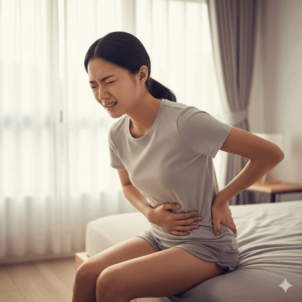 통증, 여성, 찡그린 얼굴, 침대