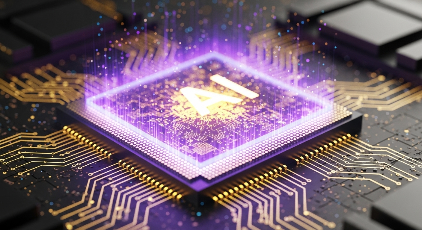 고성능 AI 프로세서 칩의 클로즈업. 보라색과 노란색 빛이 뿜어져 나오며 복잡한 회로 패턴이 주변에 보입니다. AI 기술의 핵심을 상징합니다.