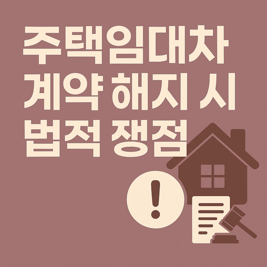 주택임대차 계약 해지 시 발생하는 법적 쟁점과 주요 사례를 아파트 아이콘과 법원 저울, 계약서 일러스트와 함께 정리한 대표 이미지