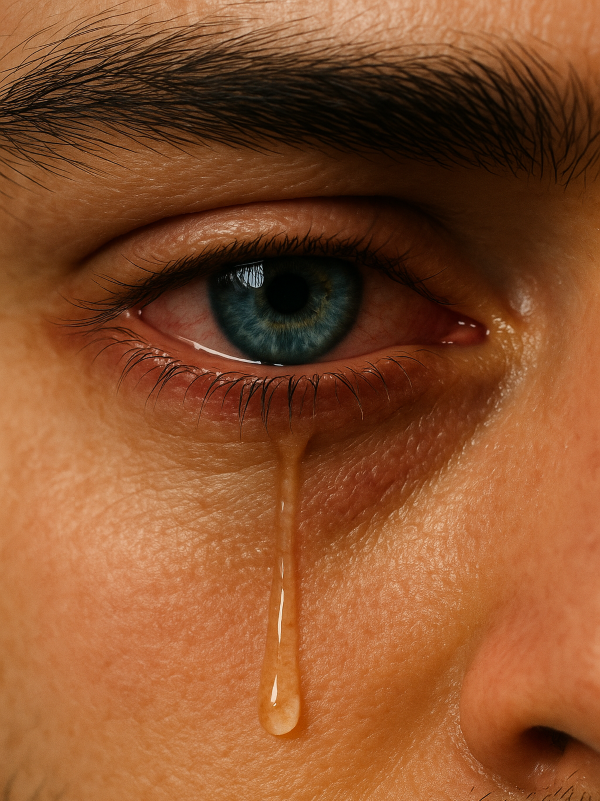 건조하고 충혈된 눈에서 눈물이 흐르는 모습, 피로하고 건조한 눈의 증상을 현실적으로 표현한 이미지