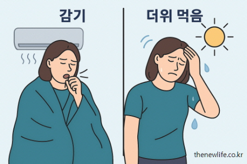 A side-by-side illustration: on the left, a woman with a cold coughing under a blanket in an air-conditioned room; on the right, a woman suffering from heatstroke, sweating and holding her head under the sun./왼쪽에는 감기에 걸려 담요를 덮고 기침하는 여성, 오른쪽에는 더위 먹었을때 증상으로 땀을 흘리며 어지러워하는 여성이 햇볕 아래 있는 모습.