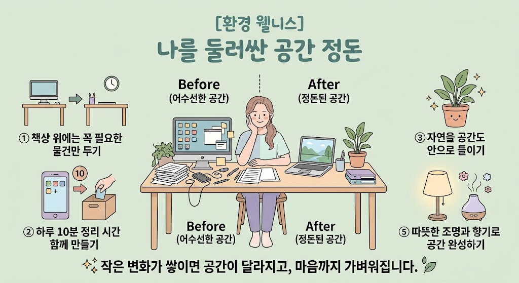 [환경 웰니스] 나를 둘러싼 공간 정돈을 주제로 한 파스텔톤 인포그래픽 일러스트. 중앙에 어수선한 책상(Before)과 정돈된 책상(After)을 대비해 보여주는 여성 캐릭터를 중심으로, ① 책상 위 물건 최소화, ② 하루 10분 정리 시간, ③ 자연(식물) 들이기, ⑤ 따뜻한 조명과 향기 활용 등 환경 웰니스를 위한 공간 정돈 습관을 귀여운 벡터 아이콘과 함께 명확하게 시각화한 이미지.