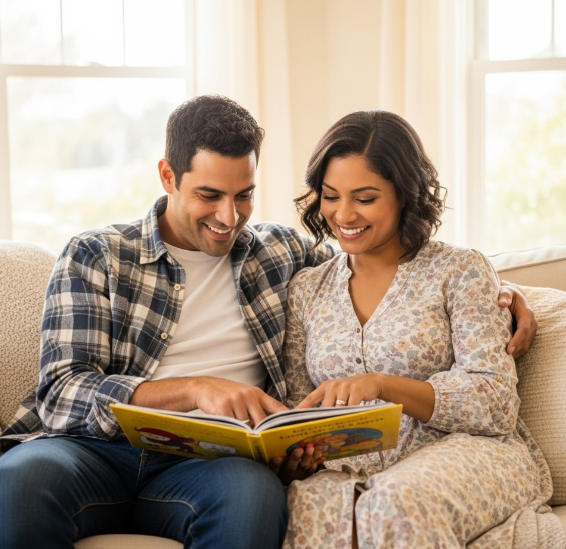 엄마와 아빠가 함께 책을 보고 있는 사진