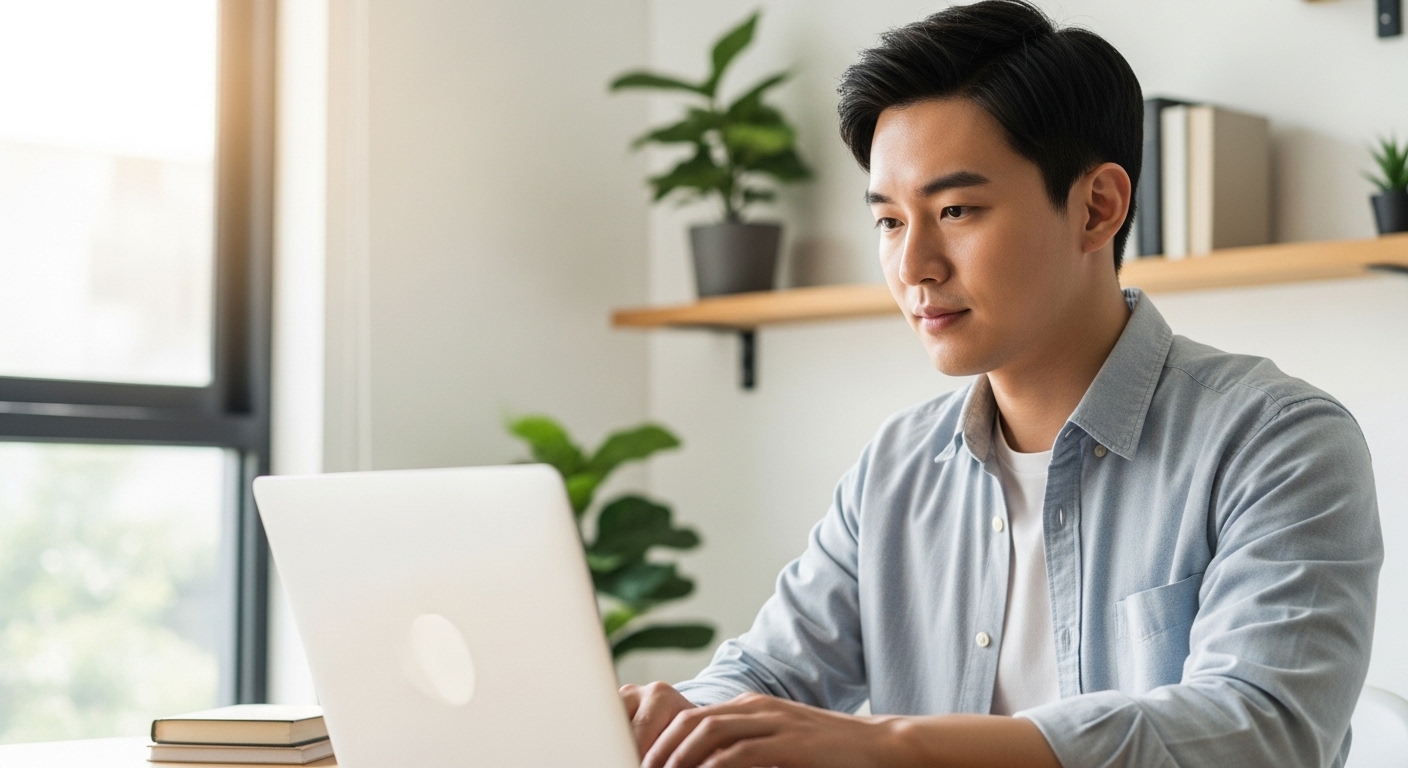 밝은-홈-오피스에서-집중하며-노트북-작업하는-한국-청년-남성의-맑은-표정