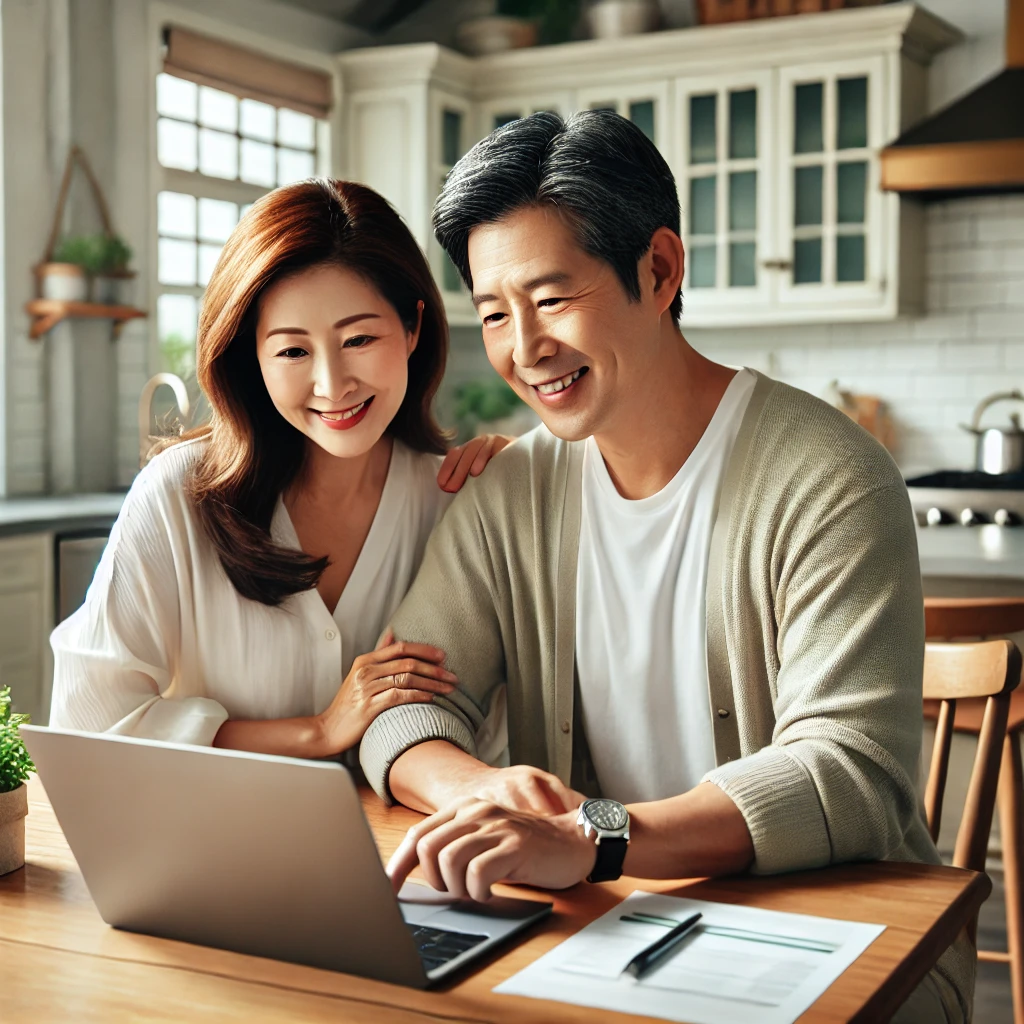 노트북으로 은퇴 설계하는 중년 부부