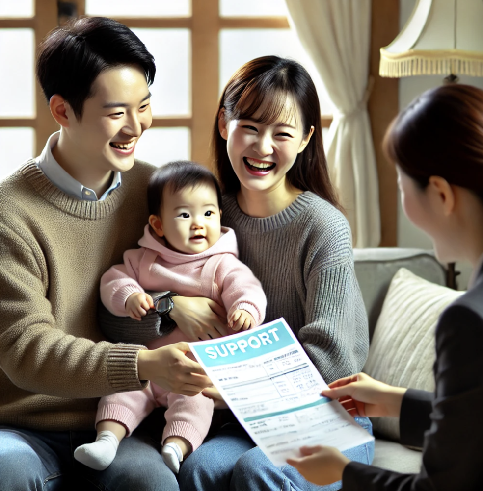 정부지원 서류를 받으며 기뻐하는 장면