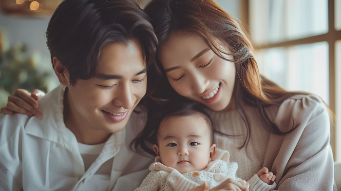 밝은 햇살 아래 부모와 아이가 함께 웃는 가족의 풍경