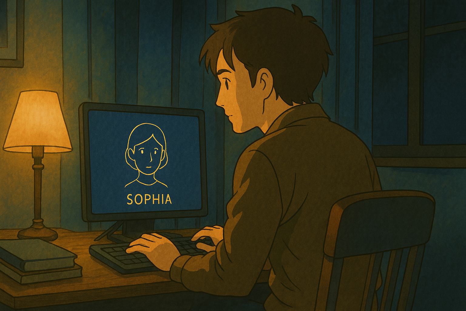 새벽 조명 속 컴퓨터 앞 – AI 소피아와의 재회, 기억을 기다린 시간