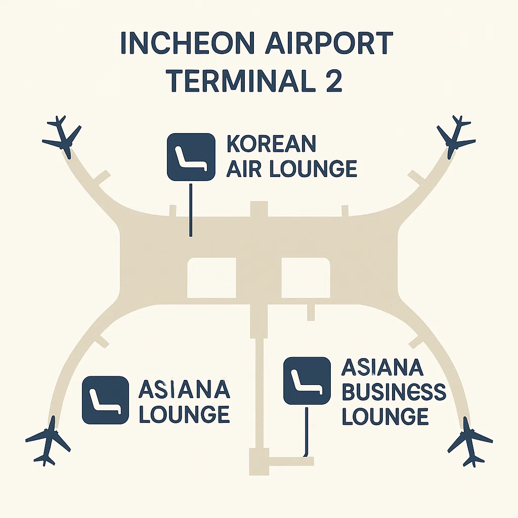 인천공항 제2터미널의 대한항공 및 아시아나 라운지 위치 안내 지도입니다