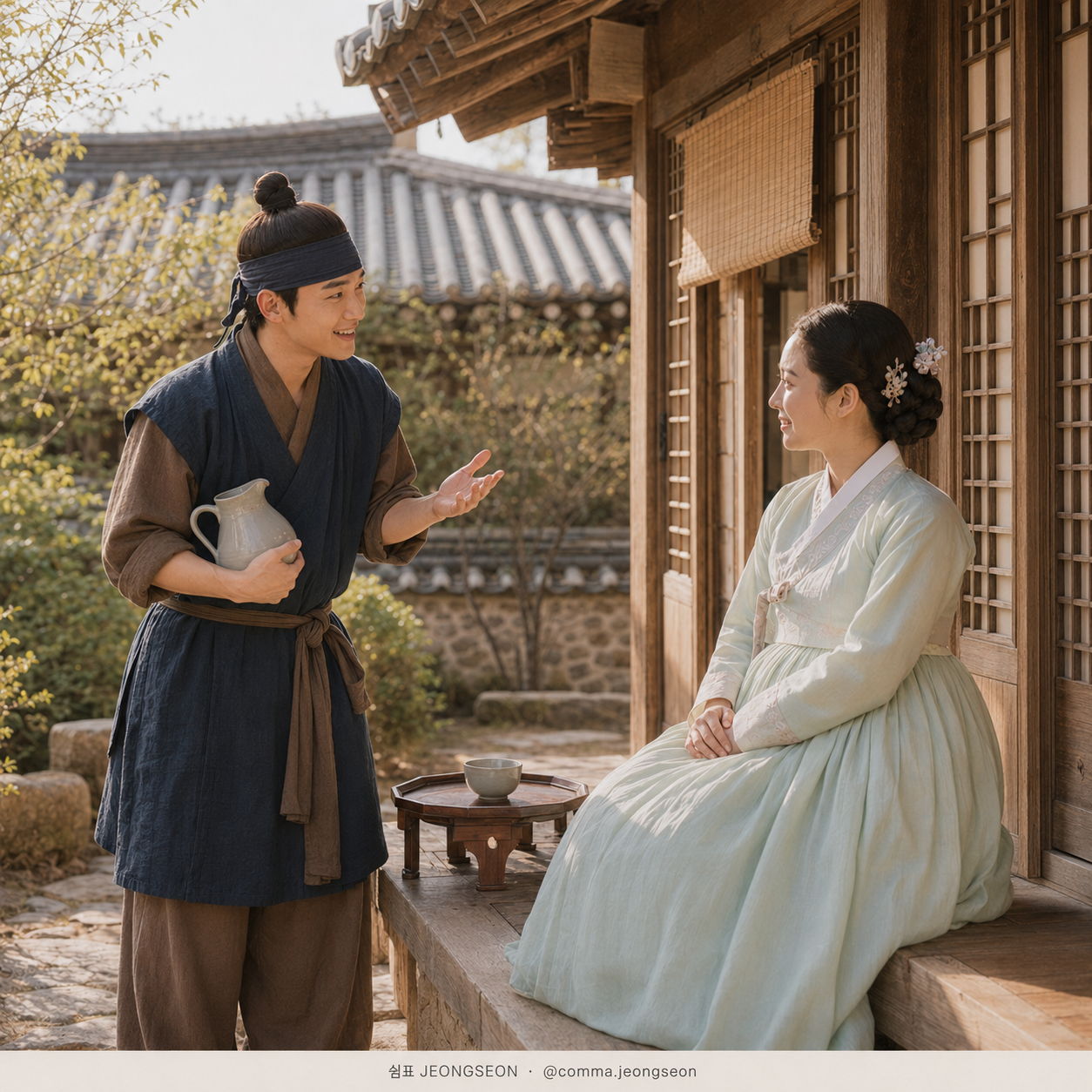 늦은 오후 한옥 마당에서 윤겸이 빈 물주전자를 품에 안고 오늘의 영어 수업을 신나게 이야기하며, 마님이 툇마루에서 따뜻하게 웃으며 바라보는 장면
