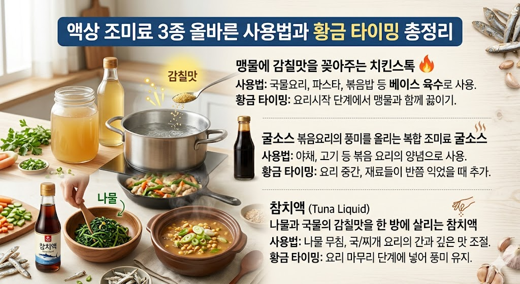 주방의 실세! 액상 조미료 3종 올바른 사용법과 황금 타이밍 총정리