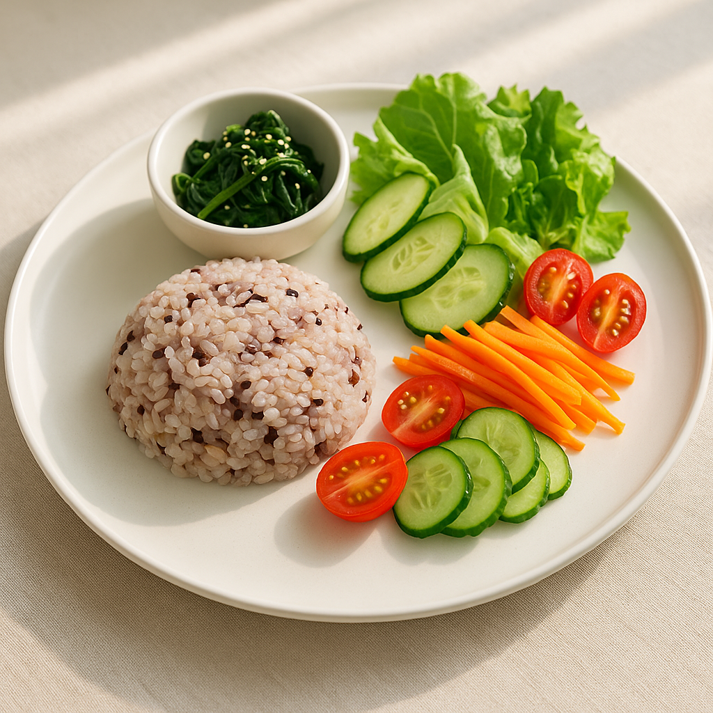 잡곡밥과 신선한 채소가 함께 담긴 심플한 원플레이트