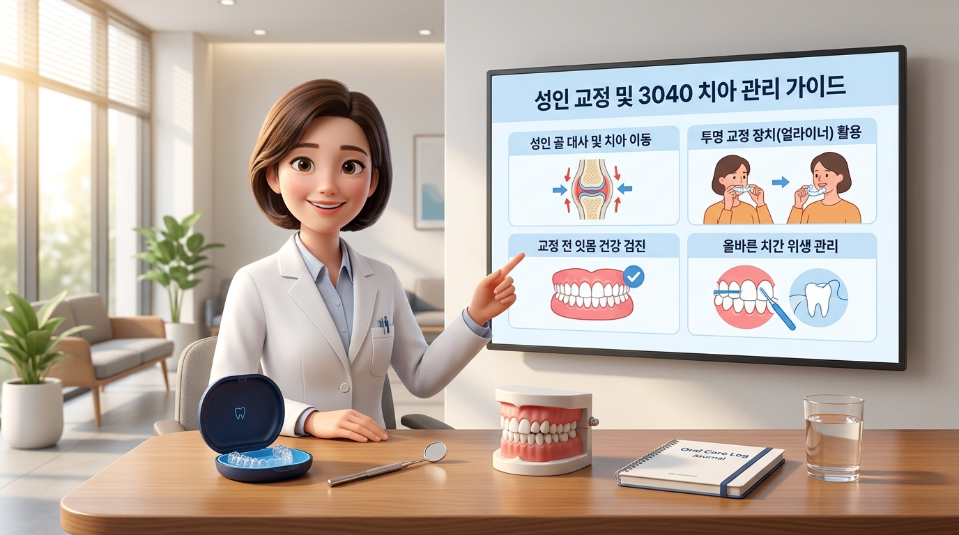 청정하고 세련된 분위기의 대학병원 치과 교정과 진료실에서 보건 의학 전문가 선생님이 대형 인포그래픽 모니터를 가리키며 나이에 따른 자연스러운 근심 이동 현상 및 부정교합이 유발하는 턱관절 마모 생리학적 메커니즘을 조목조목 설명하고, 성인 치아 교정의 모든 것 관리 수칙과 3040 세대가 지금 창 교정을 시작해도 늦지 않은 이유와 주의점에 대한 정답으로 사전 잇몸 치료 완료, 투명 장치 조립 및 철저한 치간 세정 완충 행동 수칙을 환자에게 다정하게 안내해 주는 현대적이고 깔끔한 3D 렌더링 이미지.