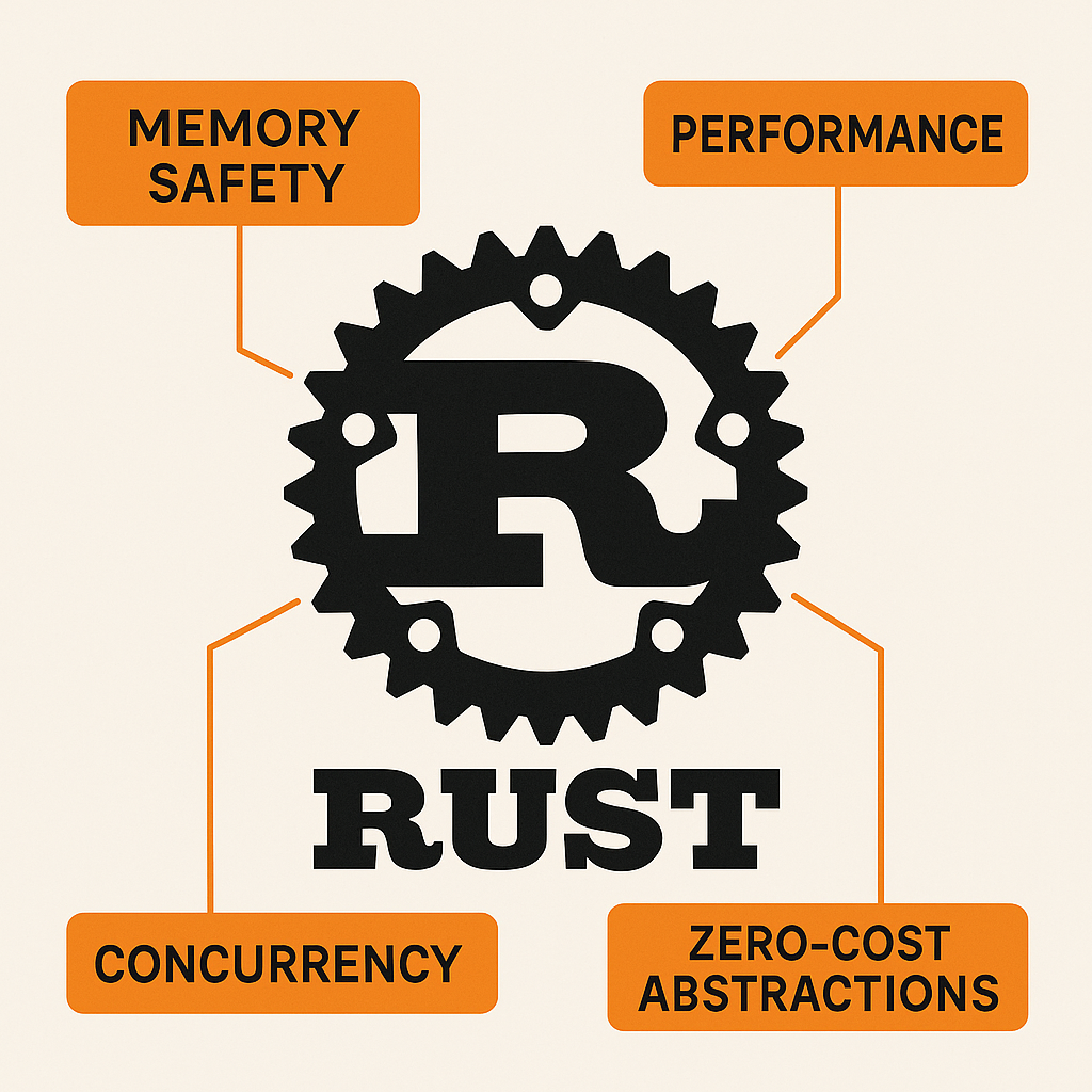 Rust 로고와 주요 특징을 보여주는 인포그래픽