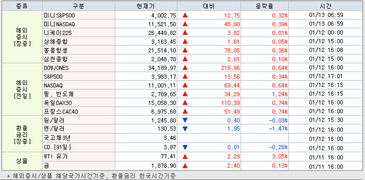 1.13 해외증시 동향