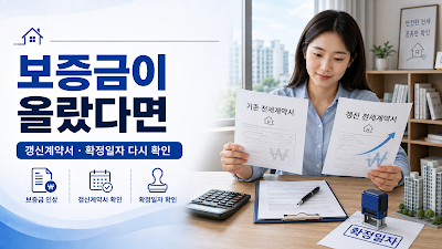전세보증금 증액 시 갱신계약서&middot;확정일자&middot;등기부&middot;이체증빙을 확인하는 이미지