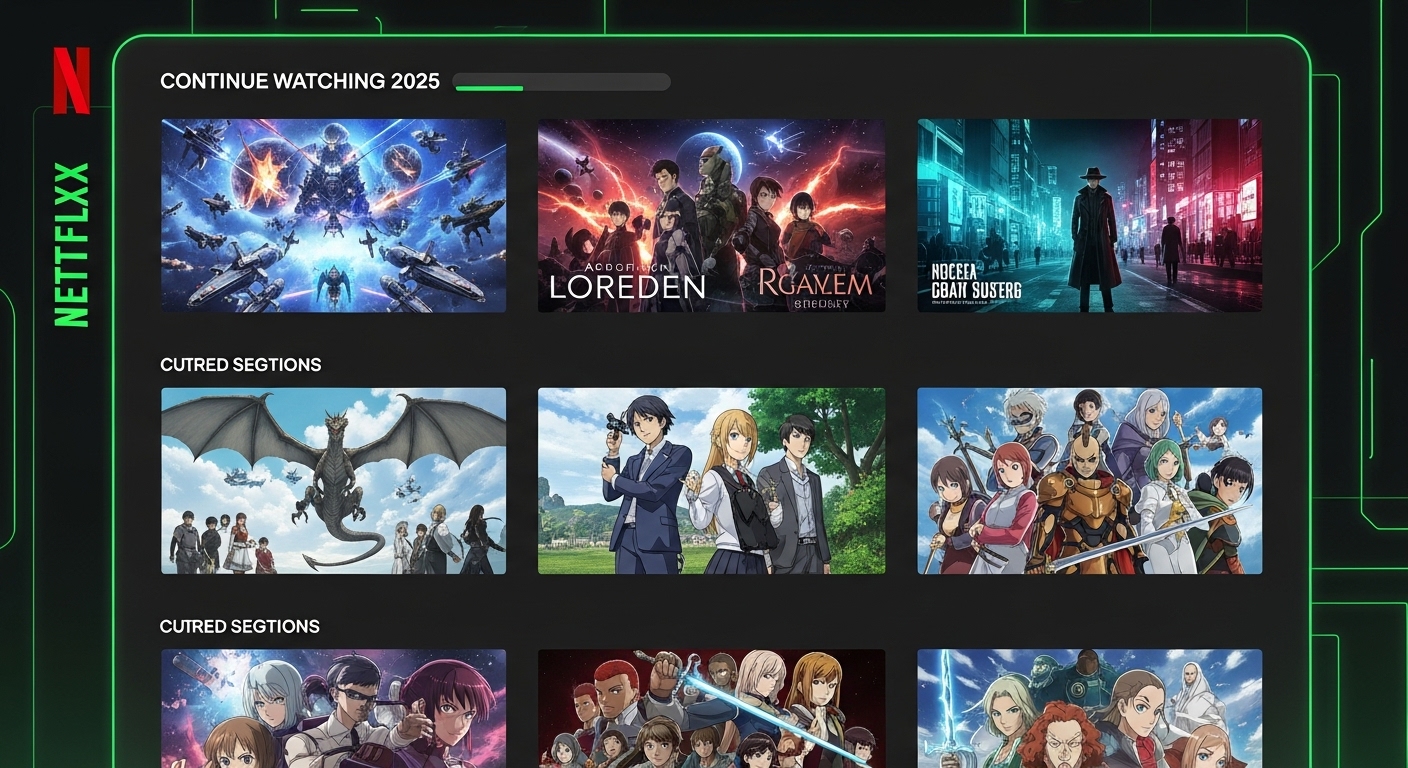 넷플릭스 2025년 기대작 애니메이션 포스터들이 보이는 미래적인 인터페이스