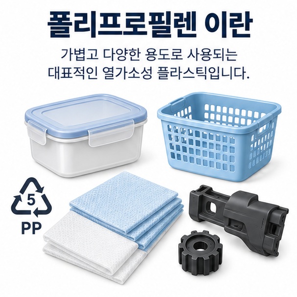 폴리프로필렌 이란이라는 제목과 PP 표시가 있는 식품용기, 생활용품, 자동차 부품을 함께 표현한 대표 이미지