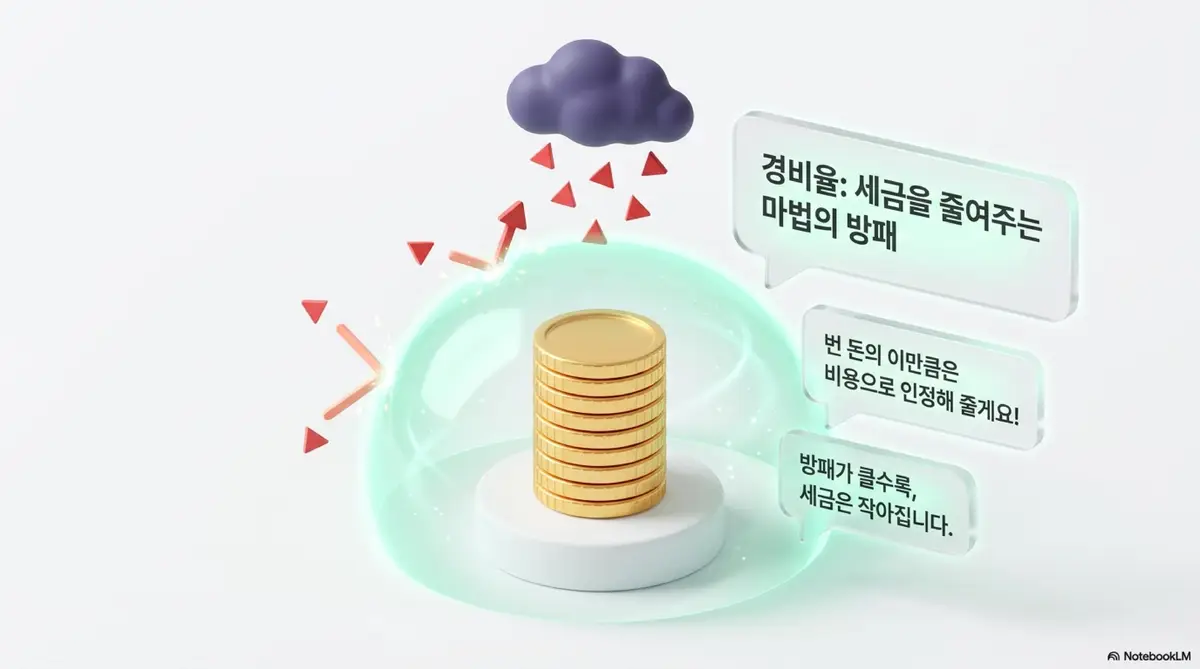 종소세 단순경비율 기준경비율: 경비율이 세금을 줄여주는 방패 역할을 하는 개념을 금화 쌓기와 보호막 일러스트로 표현한 이미지. 경비율이 높을수록 세금이 줄어드는 원리를 시각적으로 전달하며 종합소득세 경비율의 기본 개념을 설명함 
