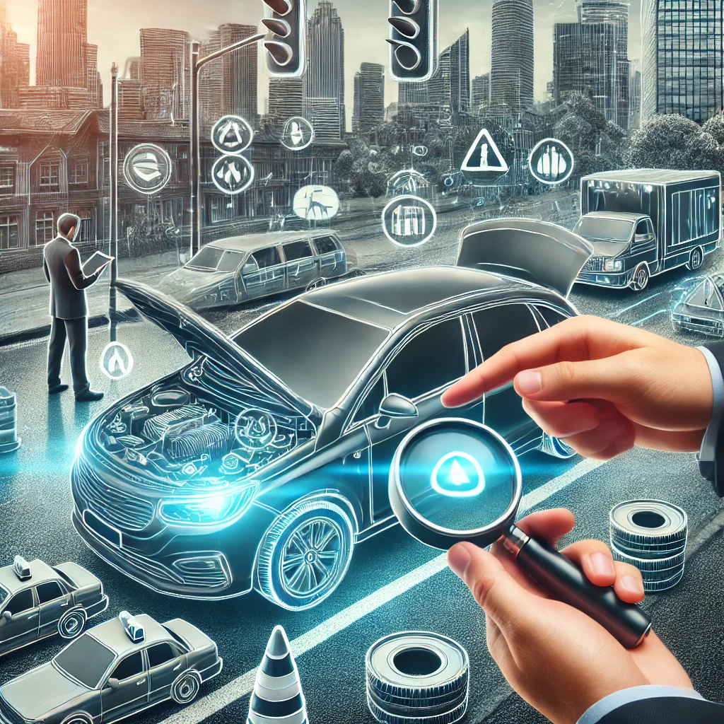 사용자가 차량 공유 서비스를 이용하기 전 외부 및 내부 상태를 꼼꼼히 점검하는 장면. 도심 환경에서 신중함과 책임감이 강조됨