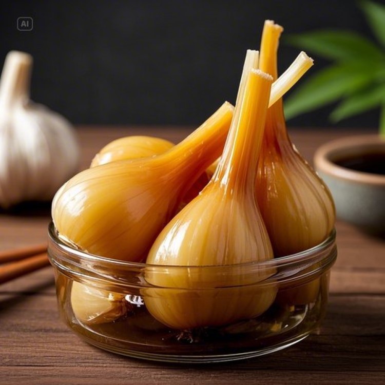 유리 용기에 담긴 노릇노릇한 마늘 장아찌와 신선한 마늘이 함께 놓여있는 모습. 배경에는 한국 전통 식탁이 보이고, 자연광이 들어와 따뜻하고 건강한 느낌을 주는 사진. 마늘 장아찌 몇 개가 젓가락으로 집어 올려져 있어 먹음직스러운 모습을 연출.