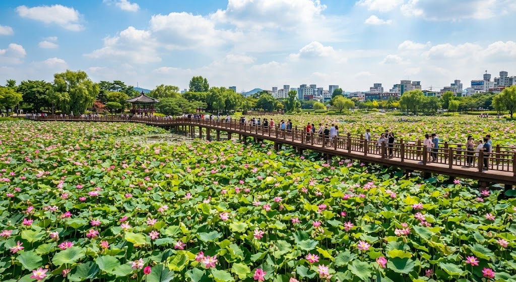 전주 덕진공원 호수 위를 가로지르는 한옥 다리 연화교와 주변을 가득 채운 진분홍빛 홍련 군락