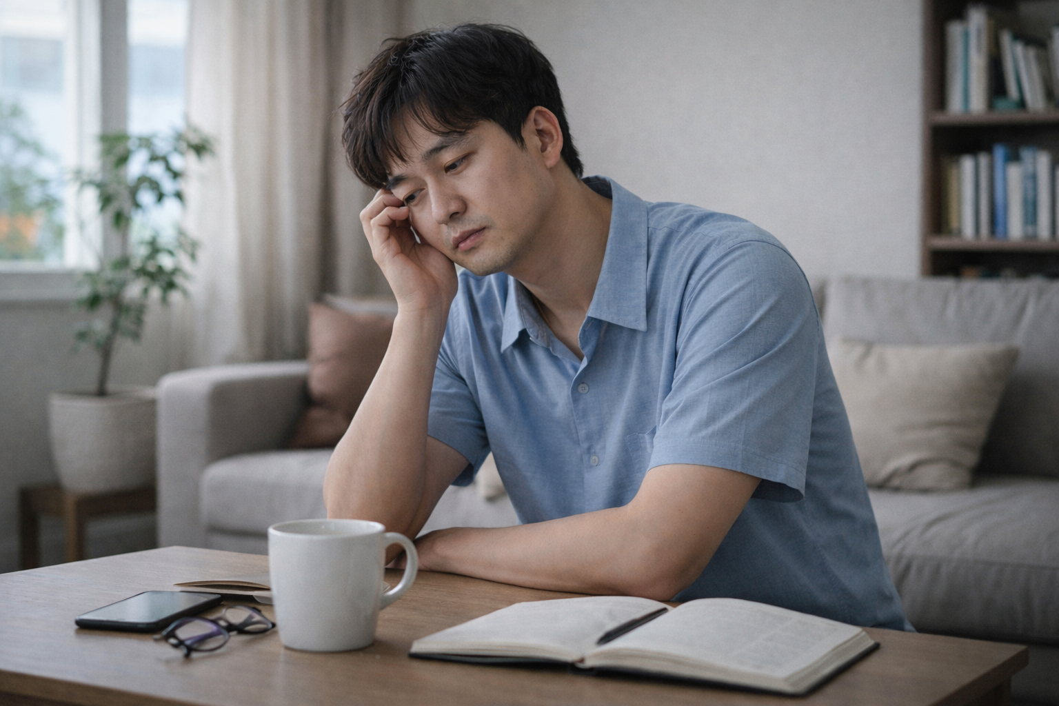 잠을 충분히 잤음에도 아침에 피로가 가시지 않아 멍한 상태로 책상에 앉아 있는 남성의 모습