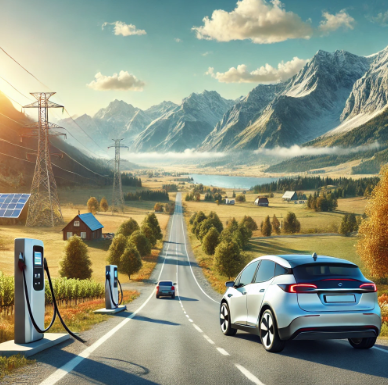 산 구름 태양 전기차 도로 전기차 충전기 집 나무