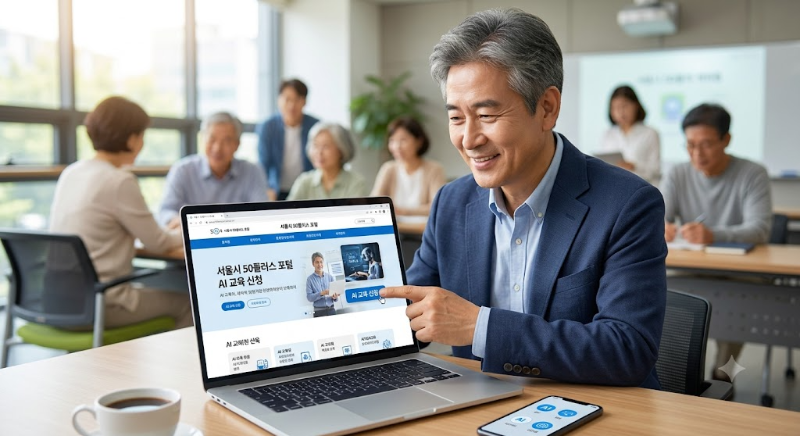 노트북을 사용해 서울시 50플러스 포털 사이트에서 재취업을 위한 AI 교육 과정을 신청하며 미소 짓는 중장년 남성의 모습.
