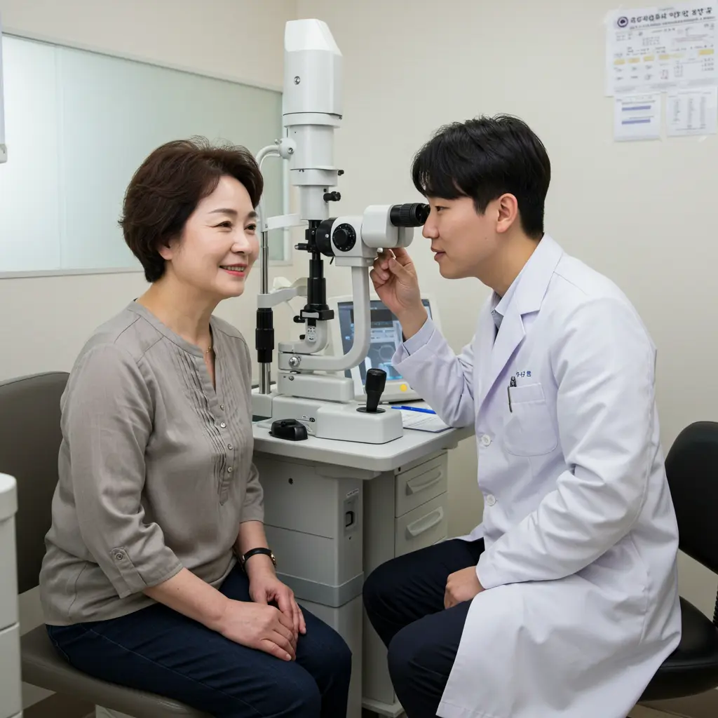 루테인 먹어야하는 중년 어머니의 안과검진받는 모습