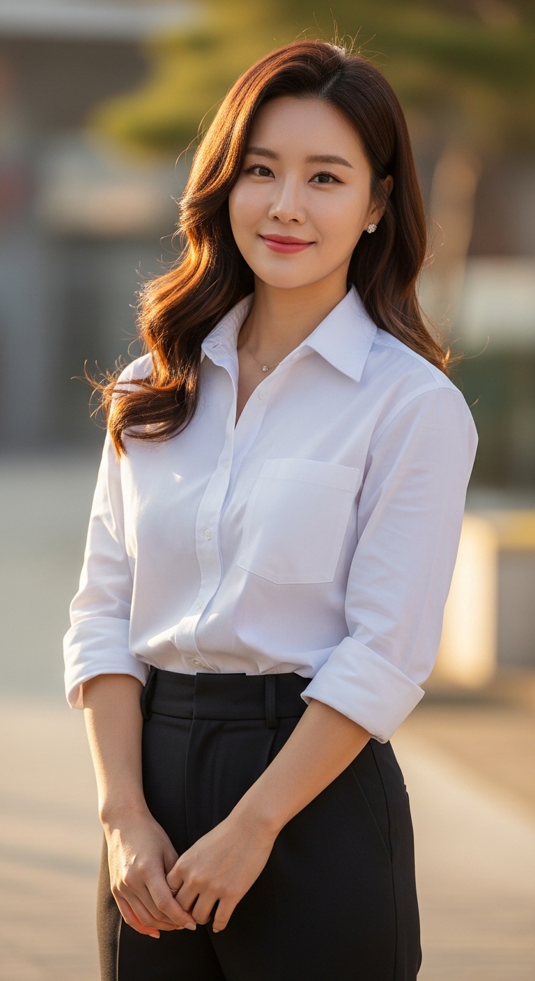 셔츠 소매를 걷고 앞부분만 슬렉스에 넣은 디테일한 착용 샷