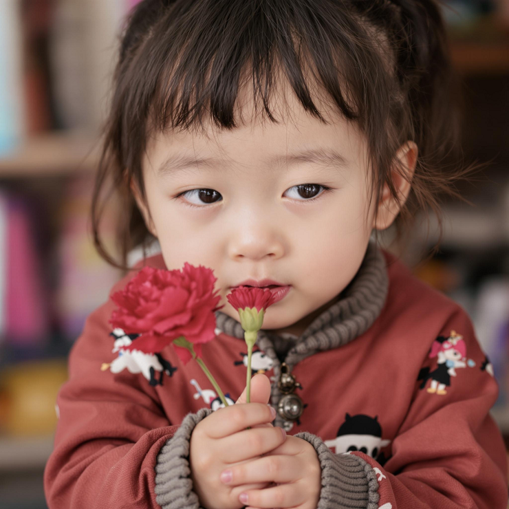 카네이션 들고 수줍어 하는 아이