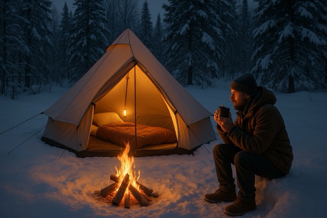 모닥불을 피우고 겨울 캠핑을 즐기는 남성 모습