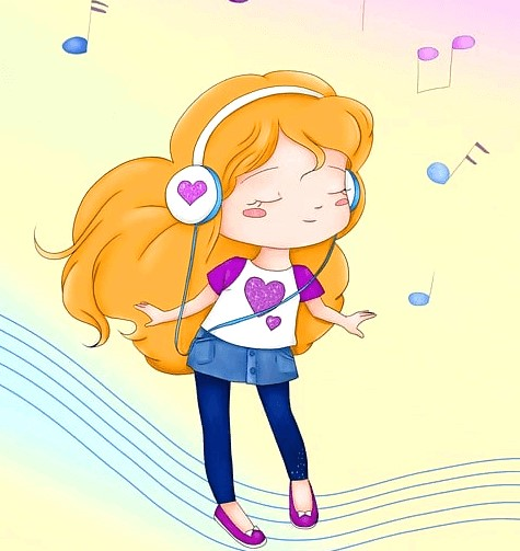 풍성하고 긴 갈색머리를 가진 소녀가 해드셋을 낀고 두 눈을 감은채 음악에 맞춰 춤을 추고 있다. 온 몸에서 건강한 에너지가 발산된다.