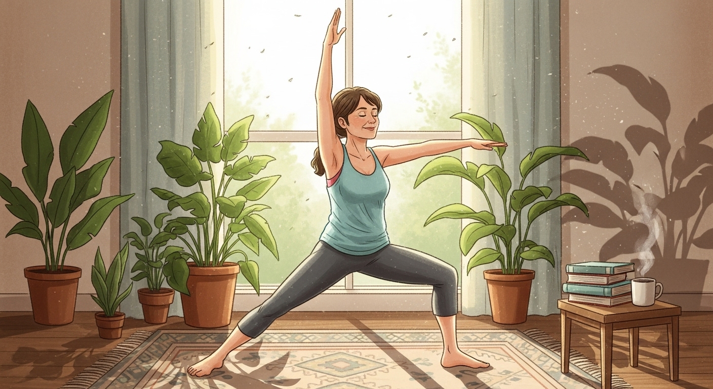 햇살 가득한 거실에서 중년 여성이 편안한 자세로 요가 동작을 하고 있는 모습. 유연성과 코어 강화를 강조합니다.