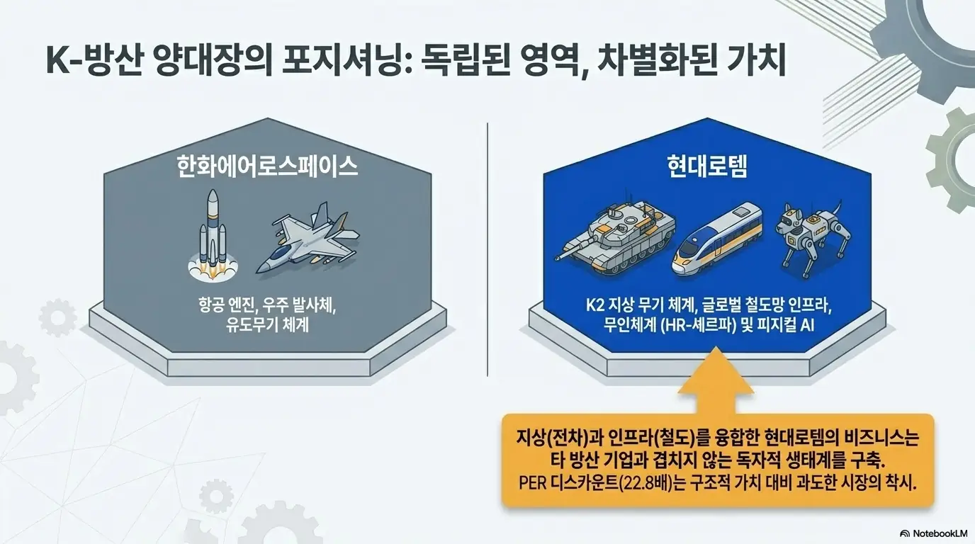 현대로템 주가 전망: K-방산 양대장인 한화에어로스페이스와 현대로템의 사업 영역 비교 이미지. 한화에어로는 항공엔진&middot;우주 발사체&middot;유도무기&amp;#44; 현대로템은 K2 지상 무기체계&middot;글로벌 철도 인프라&middot;무인체계로 영역이 겹치지 않음. 독자적 생태계 대비 PER 22.8배 디스카운트가 과도하다는 저평가 관점을 전달함. 