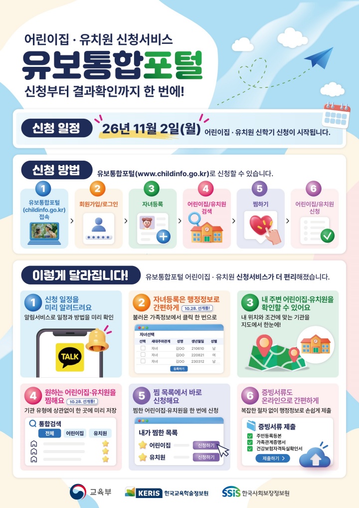 2027 어린이집·유치원 입소·입학 신청방법 11월 2일 일정·유보통합포털·찜하기·서류제출