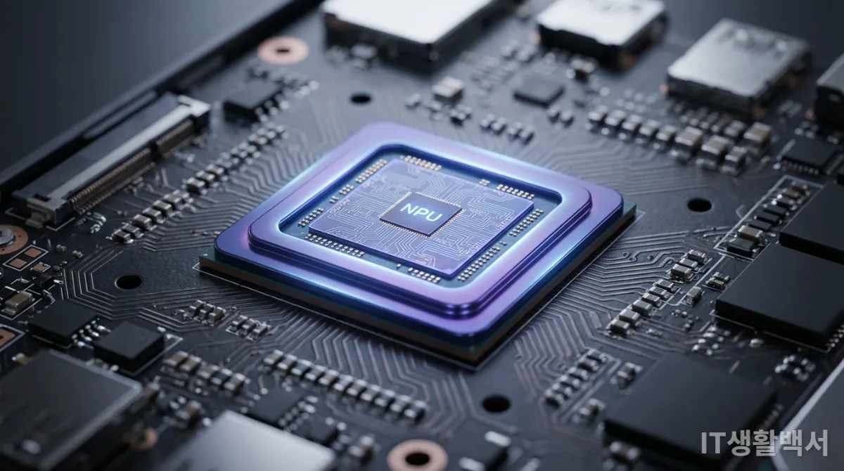 노트북 마더보드에 통합된 빛나는 NPU 칩의 클로즈업