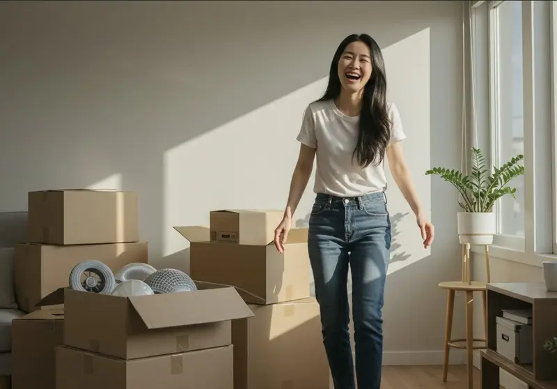 박스 정리를 하며 웃고 있는 여성, 햇살이 들어오는 새집 거실에서의 이사 장면