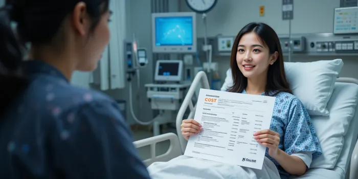 대장내시경 비용 설명서를 들고 병상에 앉아 준비 중인 모습