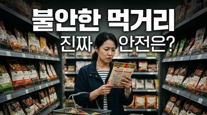 대형 마트 진열대 앞에서 걱정스러운 표정으로 식품 패키지 성분표를 꼼꼼히 확인하는 여성의 실사 이미지. 상단에 '불안한 먹거리 진짜 안전은?'이라는 텍스트가 적혀 있음.