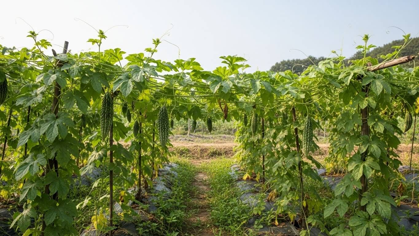 덩굴 지지대에 매달려 자라고 있는 여주 재배 모습