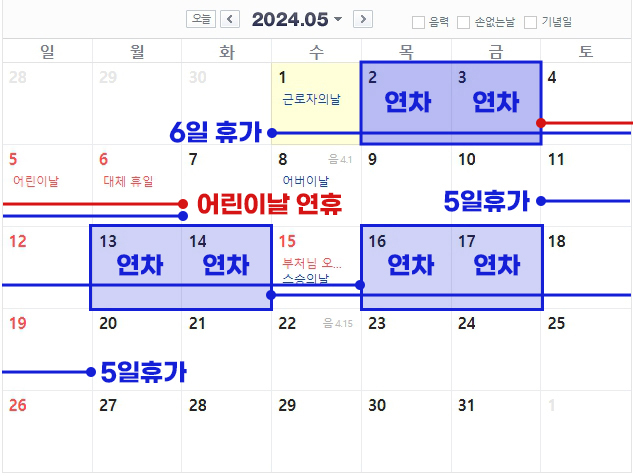 2024년 5월 공휴일 표기 달력
