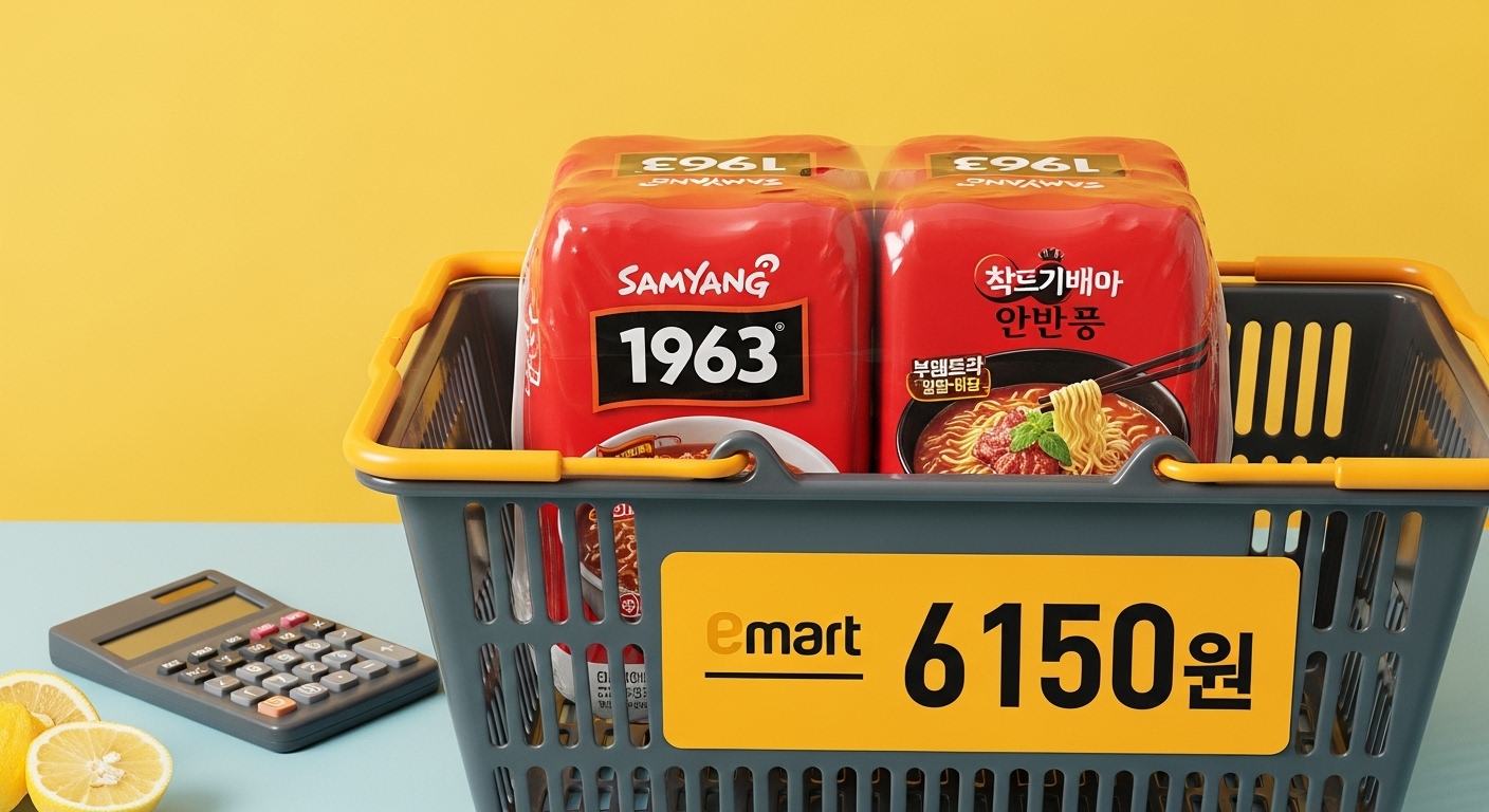 이마트 쇼핑 바구니 옆에 놓인 삼양 1963 라면 번들(4개입) 포장과 6,150원 가격표가 보이는 구매 장면.