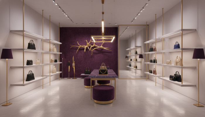 퍼플과 골드 톤으로 디자인된 세련되고 현대적인 명품 매장 내부 전경