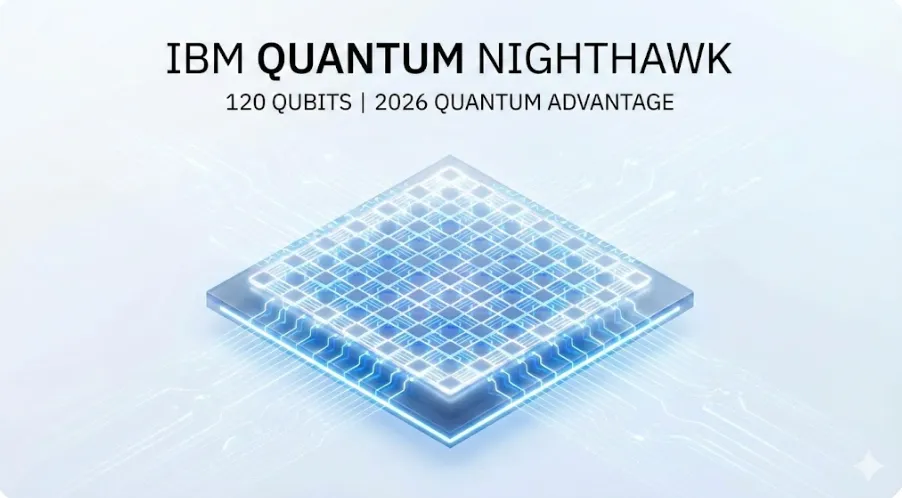 IBM 퀀텀 나이트호크: 2026년 양자 우위 달성을 목표로 하는 IBM 퀀텀 나이트호크(Nighthawk)의 미래적인 대표 이미지. 120큐비트 Square-Lattice 구조의 빛나는 양자 프로세서 칩 디자인을 담은 웹배너입니다. (IBM Quantum Nighthawk, 120 qubits, 2026 quantum advantage, square-lattice topology banner)
