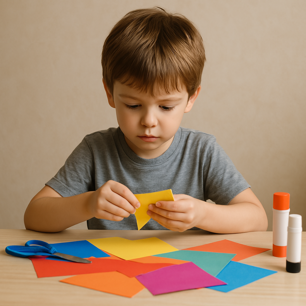 색종이로 만들기에 집중하는 아이