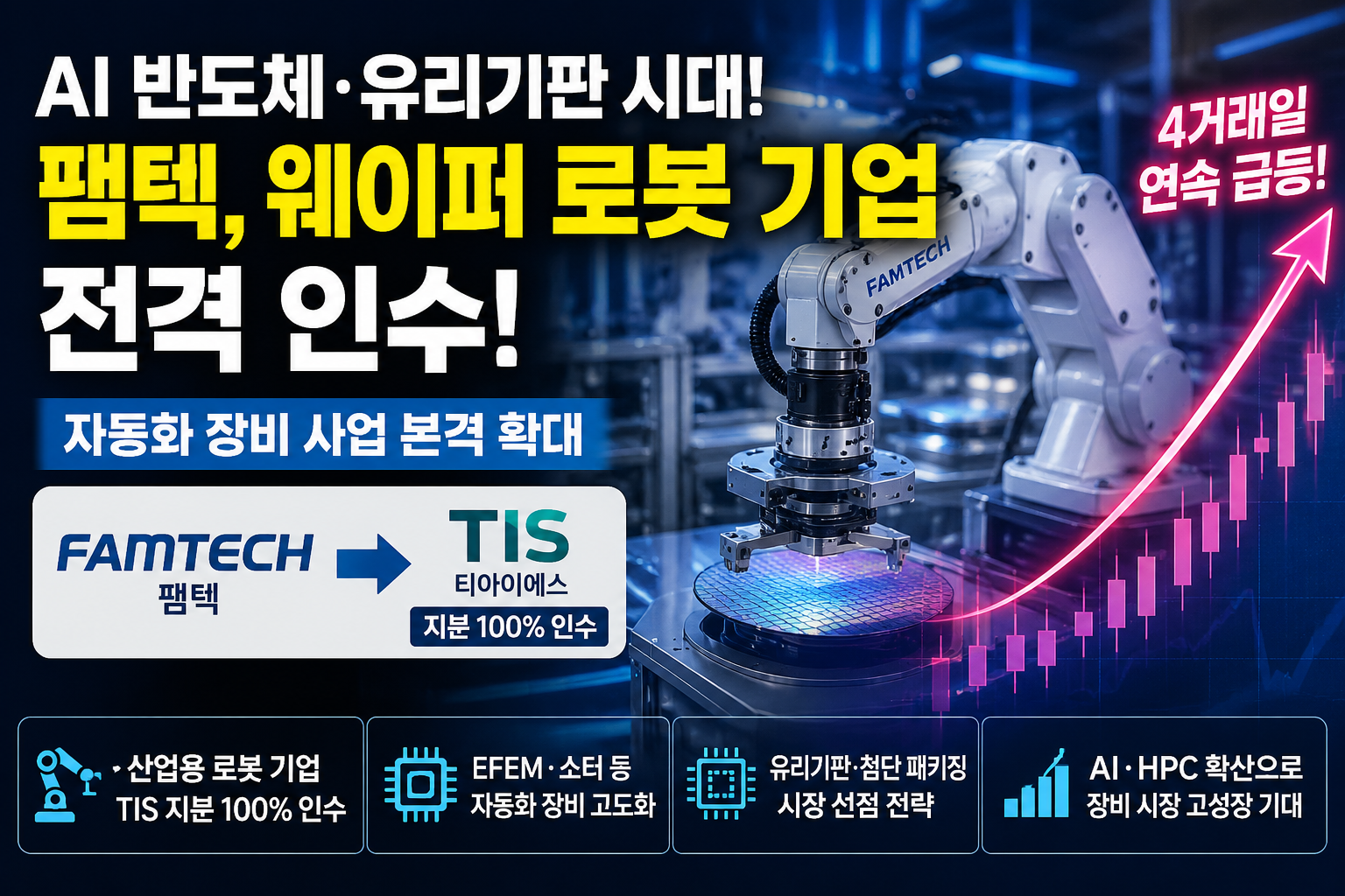 AI 반도체와 유리기판 자동화 장비를 배경으로 웨이퍼 이송 로봇과 상승 그래프가 함께 표현된 팸텍 주가 전망 썸네일 이미지